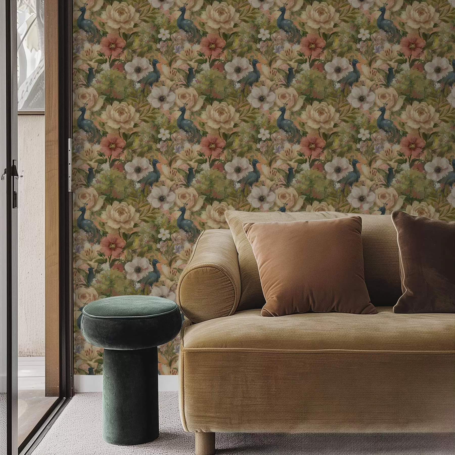 Fototapete Malerischer Garten mit Pfauen und großen Blumen a00885