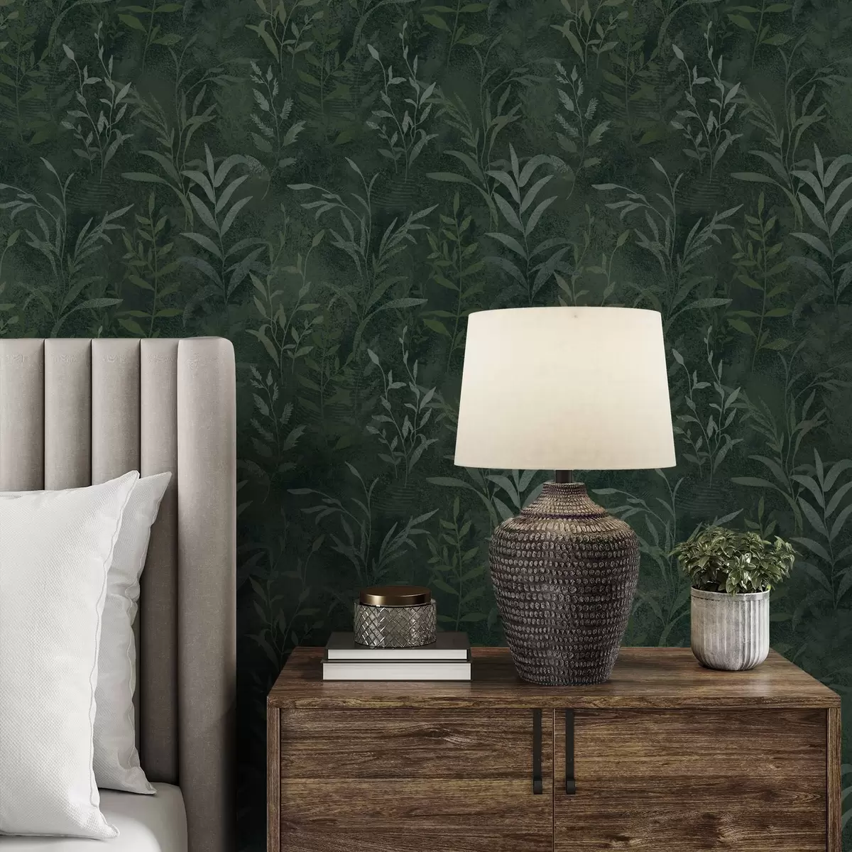 Tapete Dunkelgrüner Hintergrund mit durchscheinenden Blattzweigen a00888