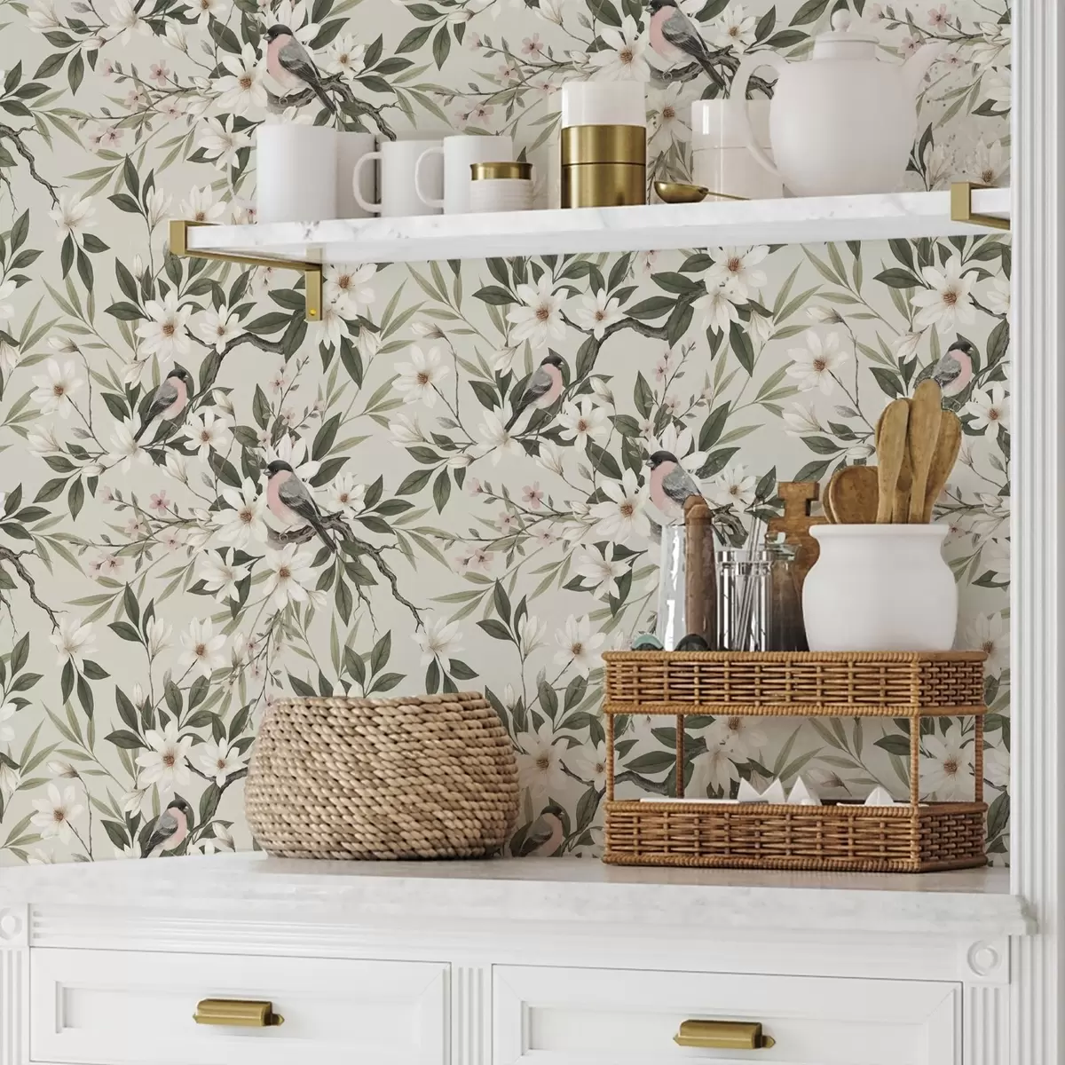 Tapete Gimpel mit weißer Brust auf Zweigen mit cremefarbenen Blüten a00889