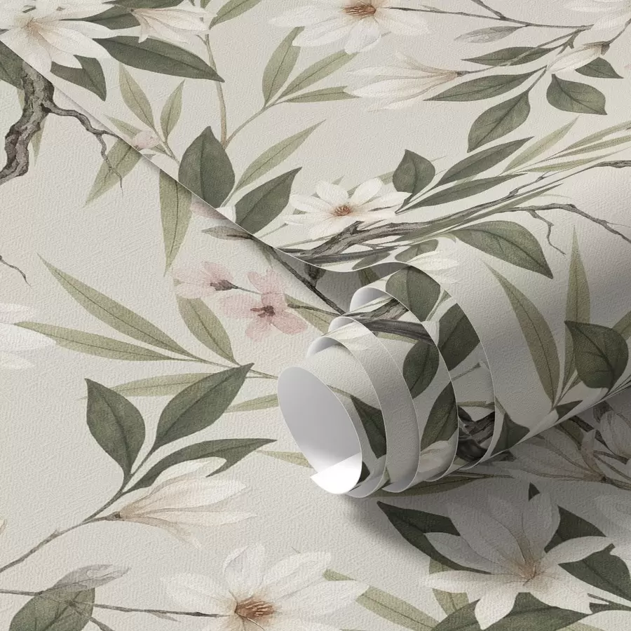 Fototapete Gimpel mit weißer Brust auf Zweigen mit cremefarbenen Blüten a00889