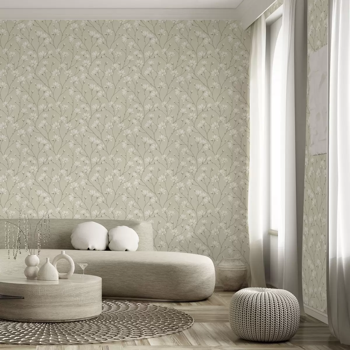 Tapete Helle Magnolien an schlanken beigen Zweigen a00890