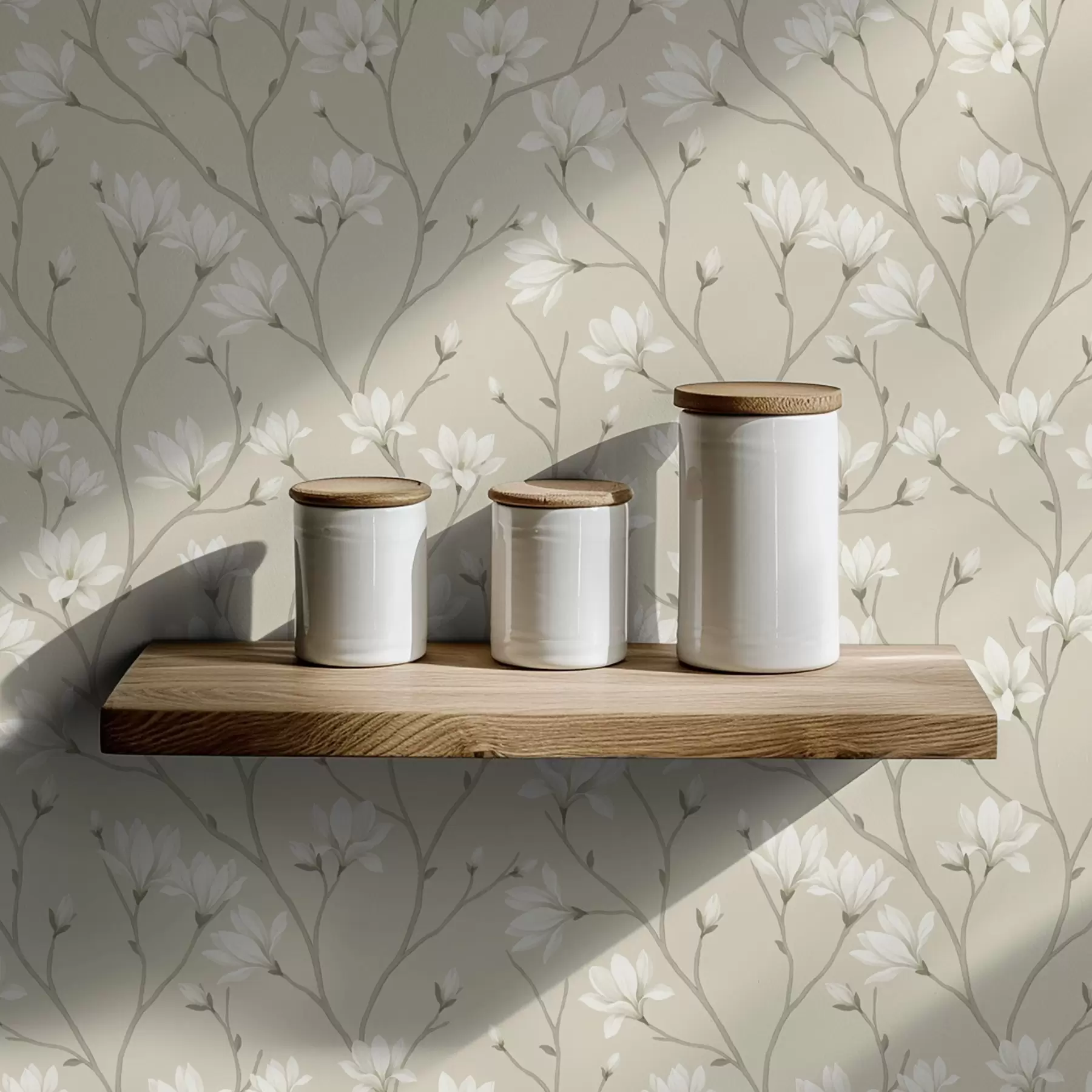 Fototapete Helle Magnolien an schlanken beigen Zweigen a00890