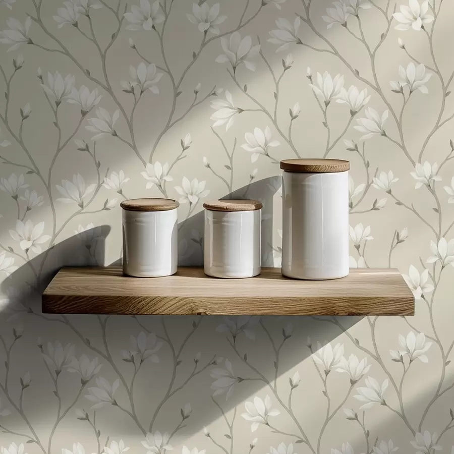 Fototapete Helle Magnolien an schlanken beigen Zweigen a00890