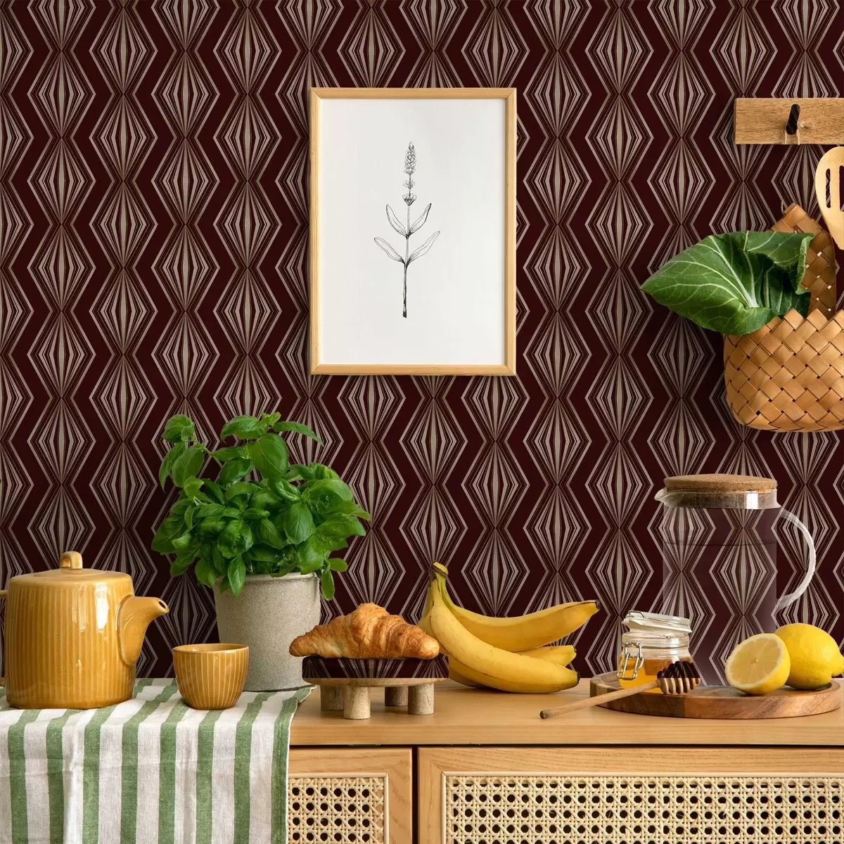 Tapete Diamantförmiges geometrisches Muster auf weinrotem Hintergrund a00925v1