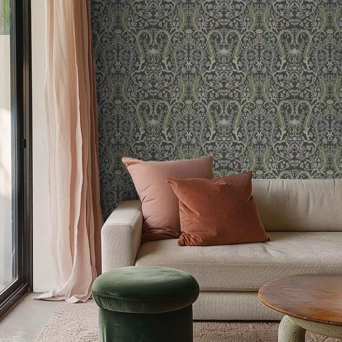 Tapete Symmetrisches Blumenornament auf dunkelgrünem Hintergrund a00928