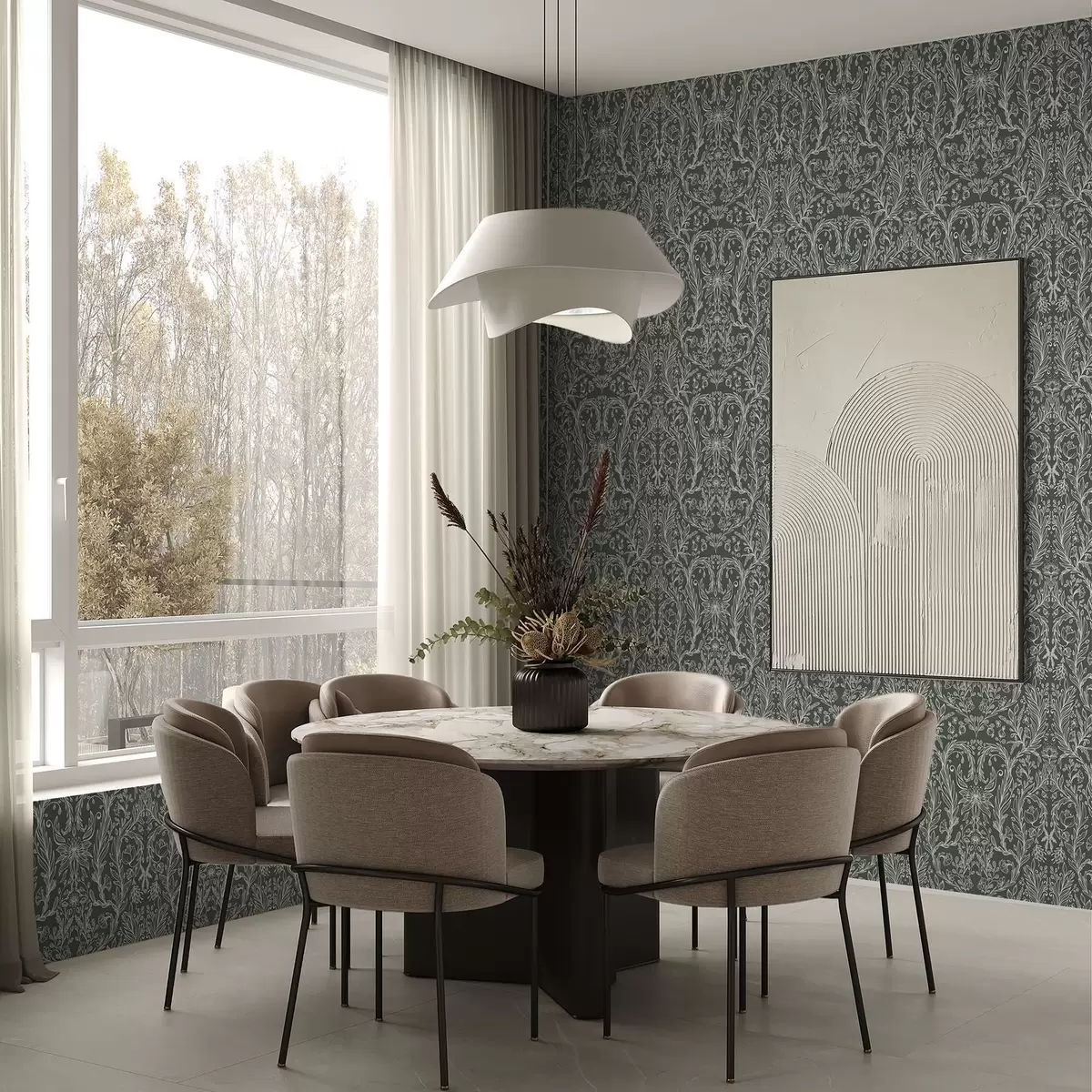 Tapete Lineares Blumenmuster auf dunkelgrünem Hintergrund a00929