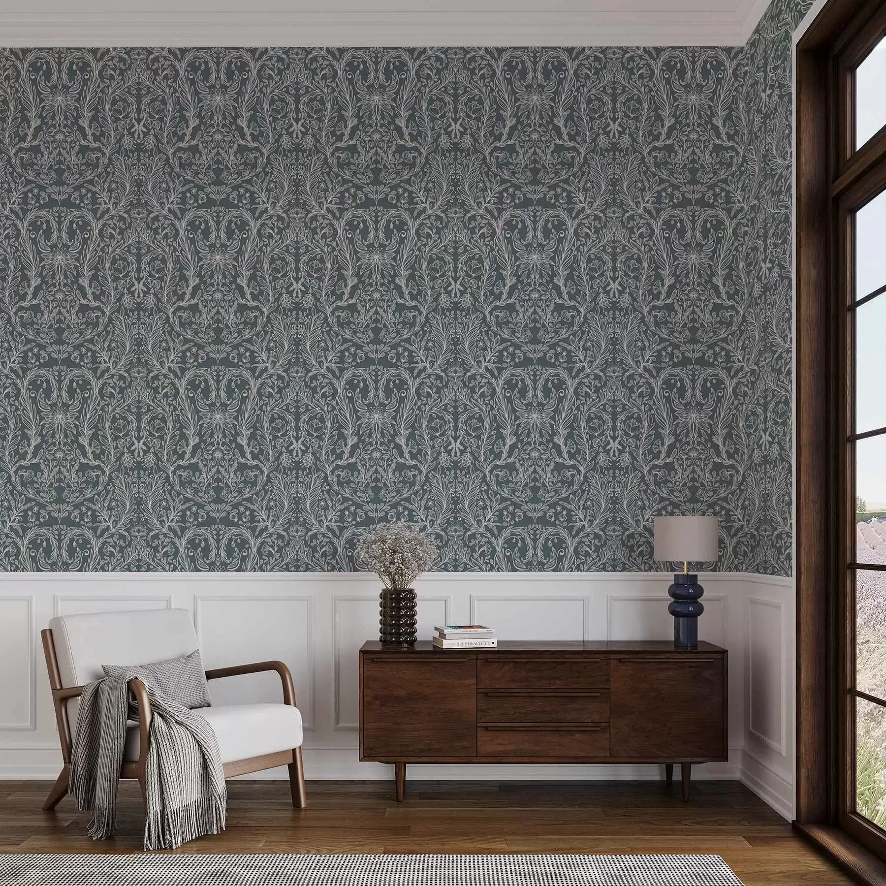 Fototapete Lineares Blumenornament auf blaugrauem Hintergrund a00929v1