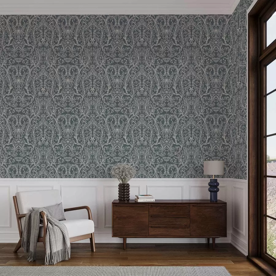 Fototapete Lineares Blumenornament auf blaugrauem Hintergrund a00929v1