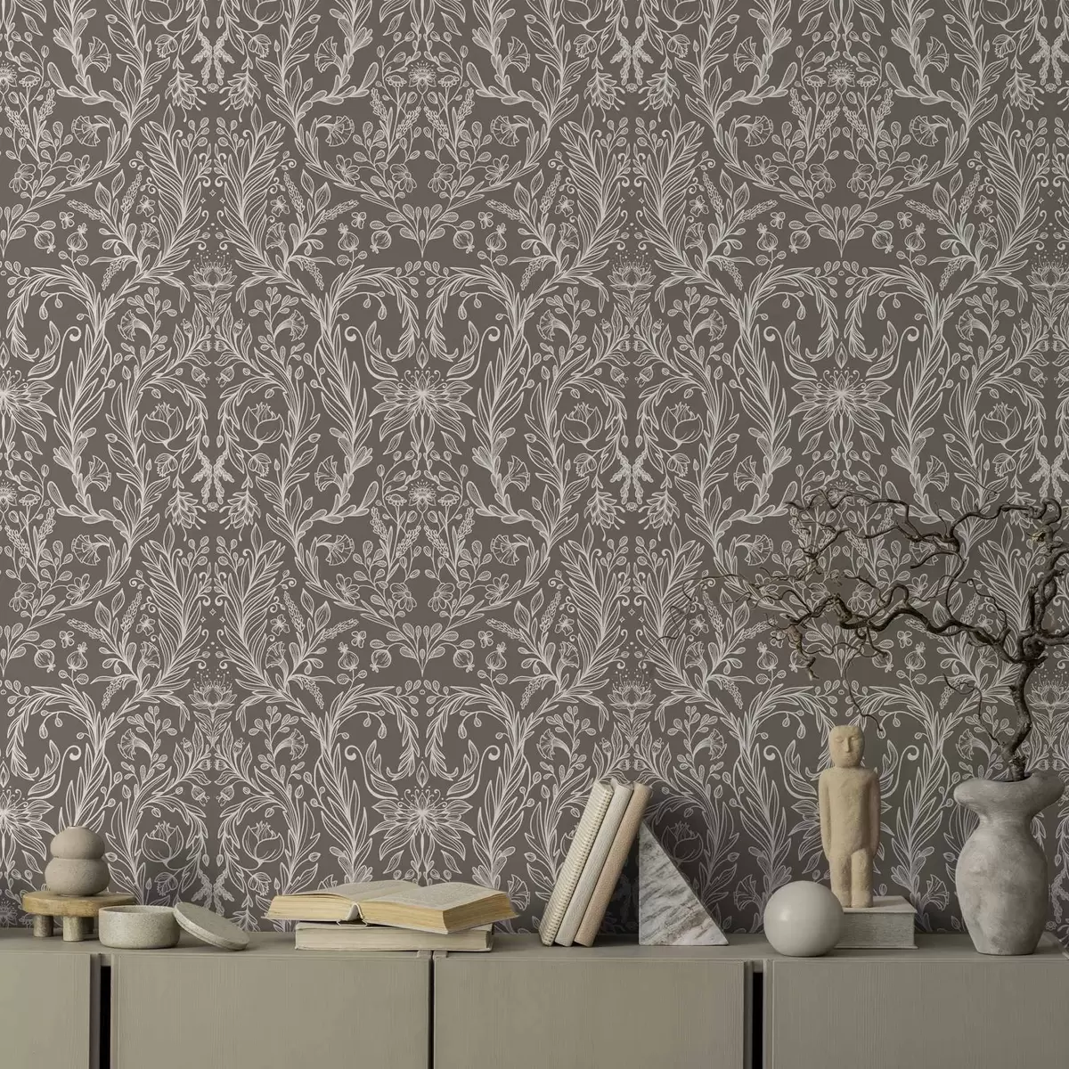 Tapete Monochromes botanisches Muster auf warmem Braun a00929v2