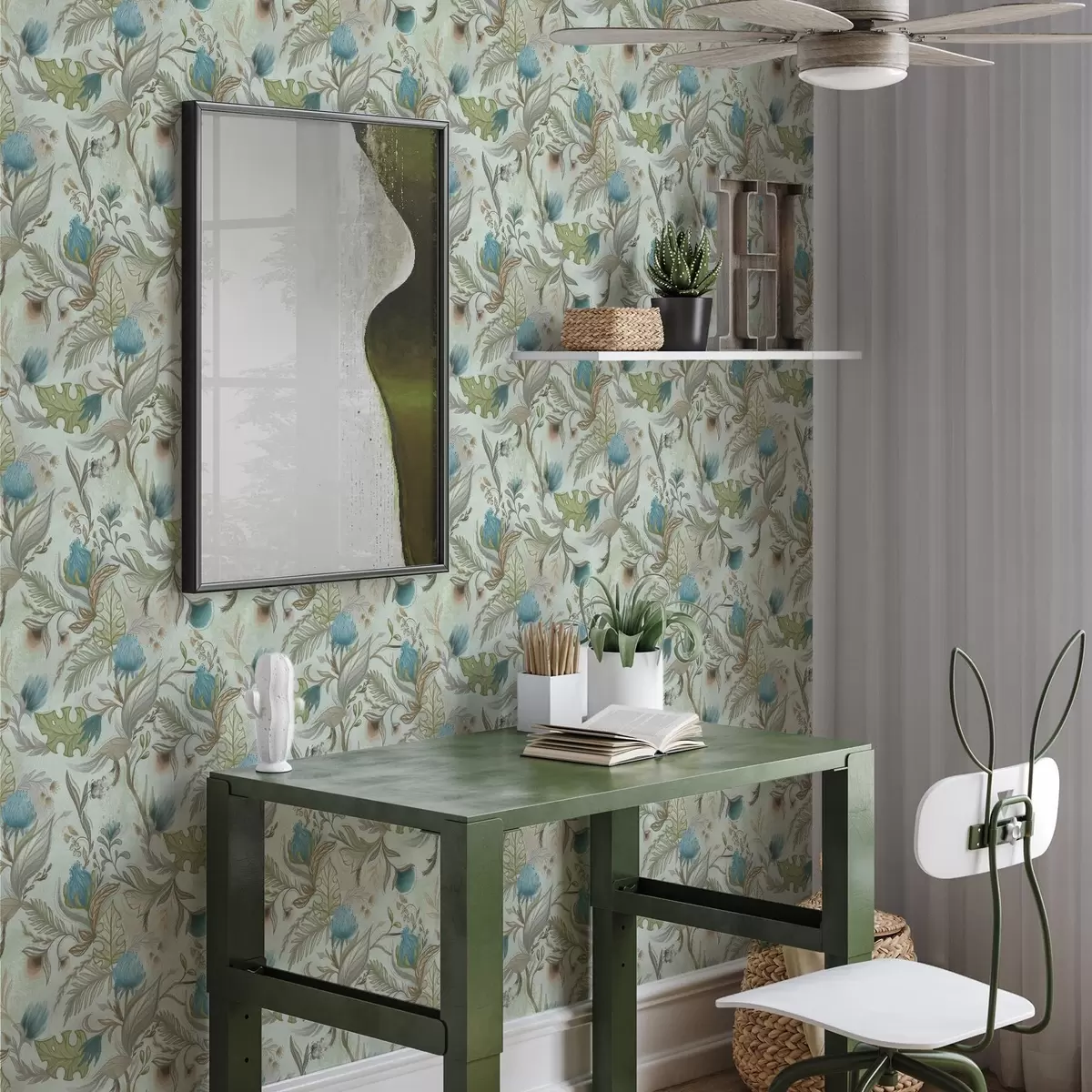 Tapete Blaue Blumen und Grünpflanzen auf einem sanften Minz-Hintergrund a00930v1