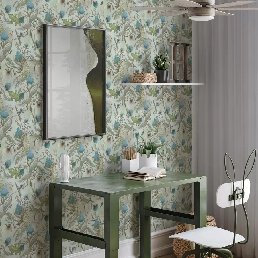 Fototapete Blaue Blumen und Grünpflanzen auf einem sanften Minz-Hintergrund a00930v1