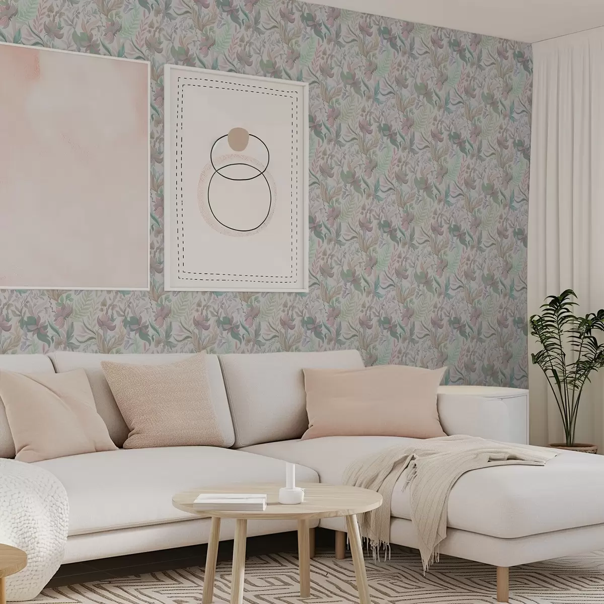 Tapete Zarte pastellfarbene Blumen und Blätter auf hellem Hintergrund a00931