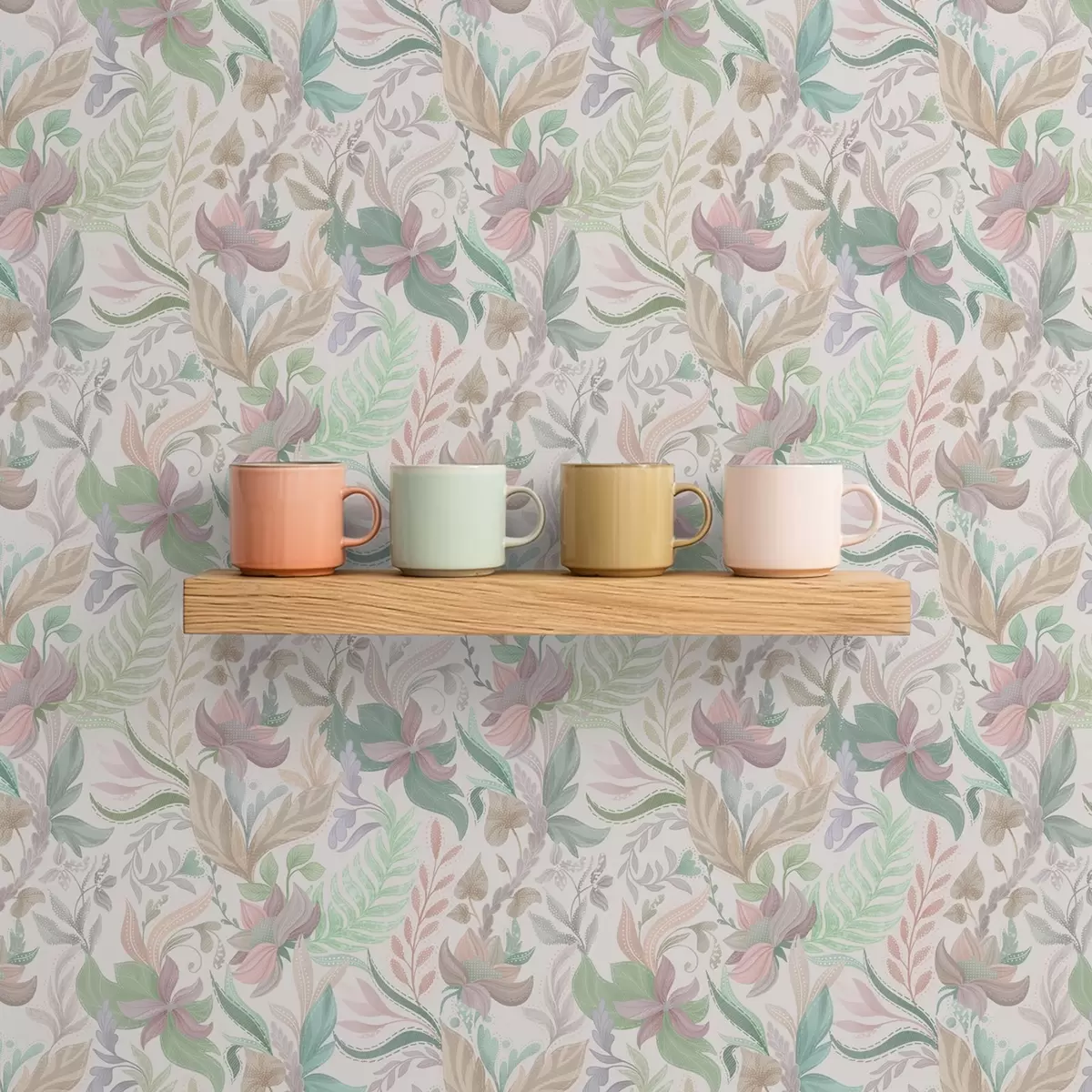 Tapete Zarte pastellfarbene Blumen und Blätter auf hellem Hintergrund a00931