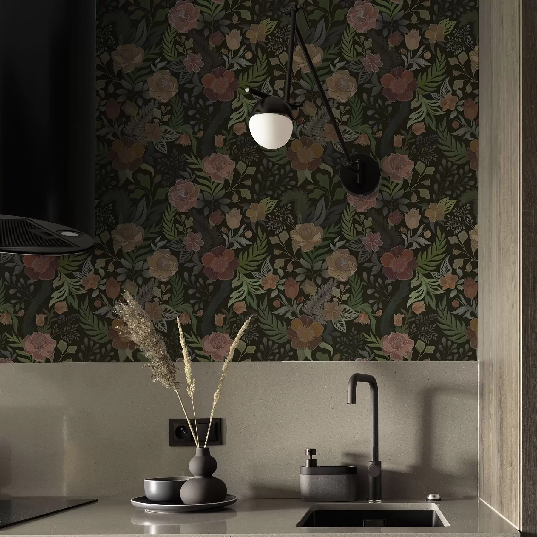 Fototapete Üppige Blumen und Grünpflanzen vor einem tiefdunklen Hintergrund a00932