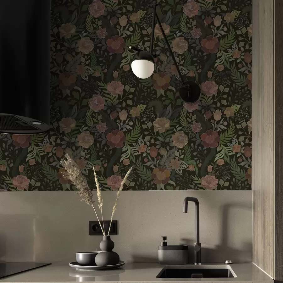 Fototapete Üppige Blumen und Grünpflanzen vor einem tiefdunklen Hintergrund a00932