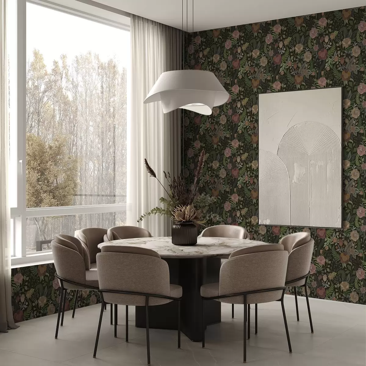 Tapete Üppige Blumen und Grünpflanzen vor einem tiefdunklen Hintergrund a00932