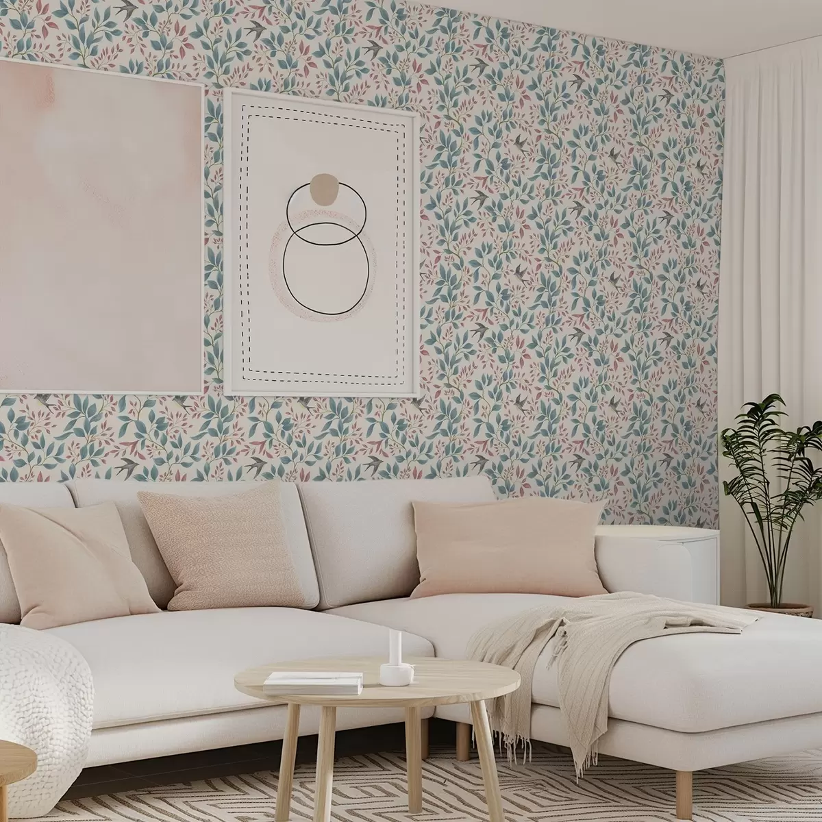 Tapete Blaue und rosa Zweige mit Vögeln auf cremefarbenem Hintergrund a00933