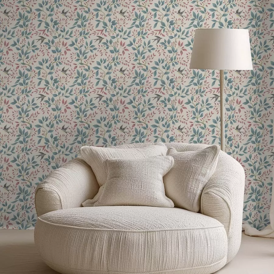 Fototapete Blaue und rosa Zweige mit Vögeln auf cremefarbenem Hintergrund a00933