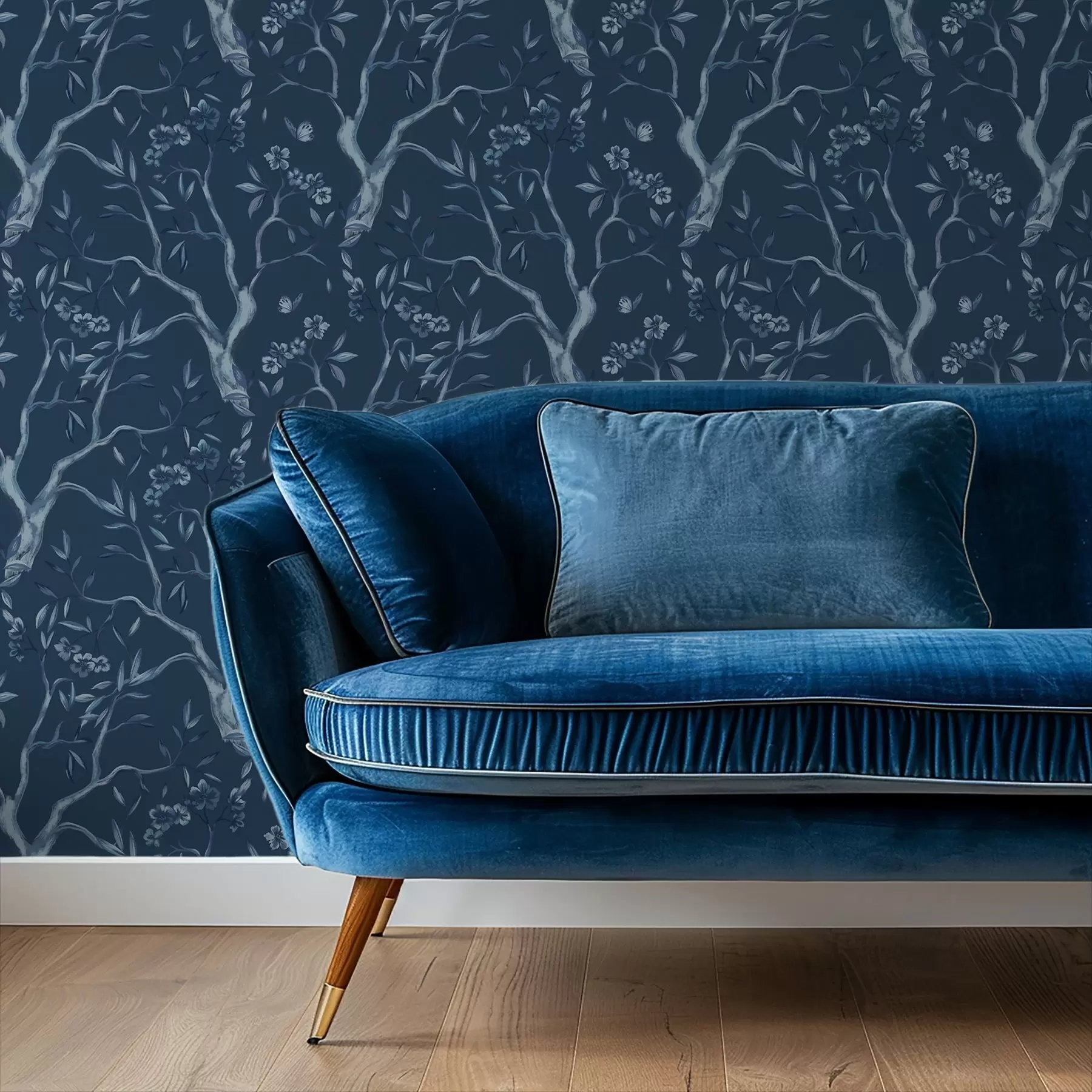 Fototapete Blaue blühende Zweige mit Schmetterlingen auf dunklem Hintergrund a00951v1