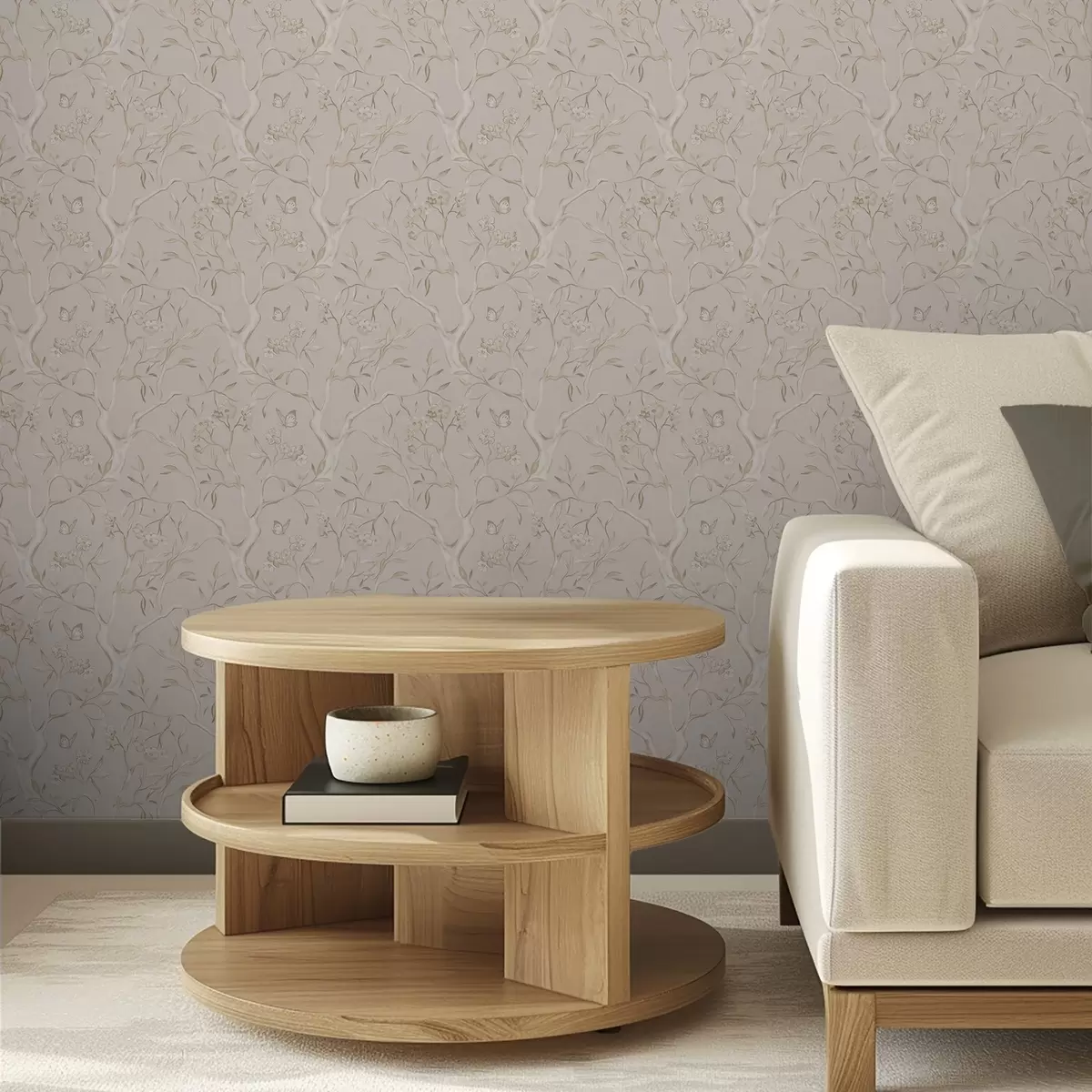 Tapete Beigefarbene Blütenzweige mit Schmetterlingen vor einem sanften Hintergrund a00951v2