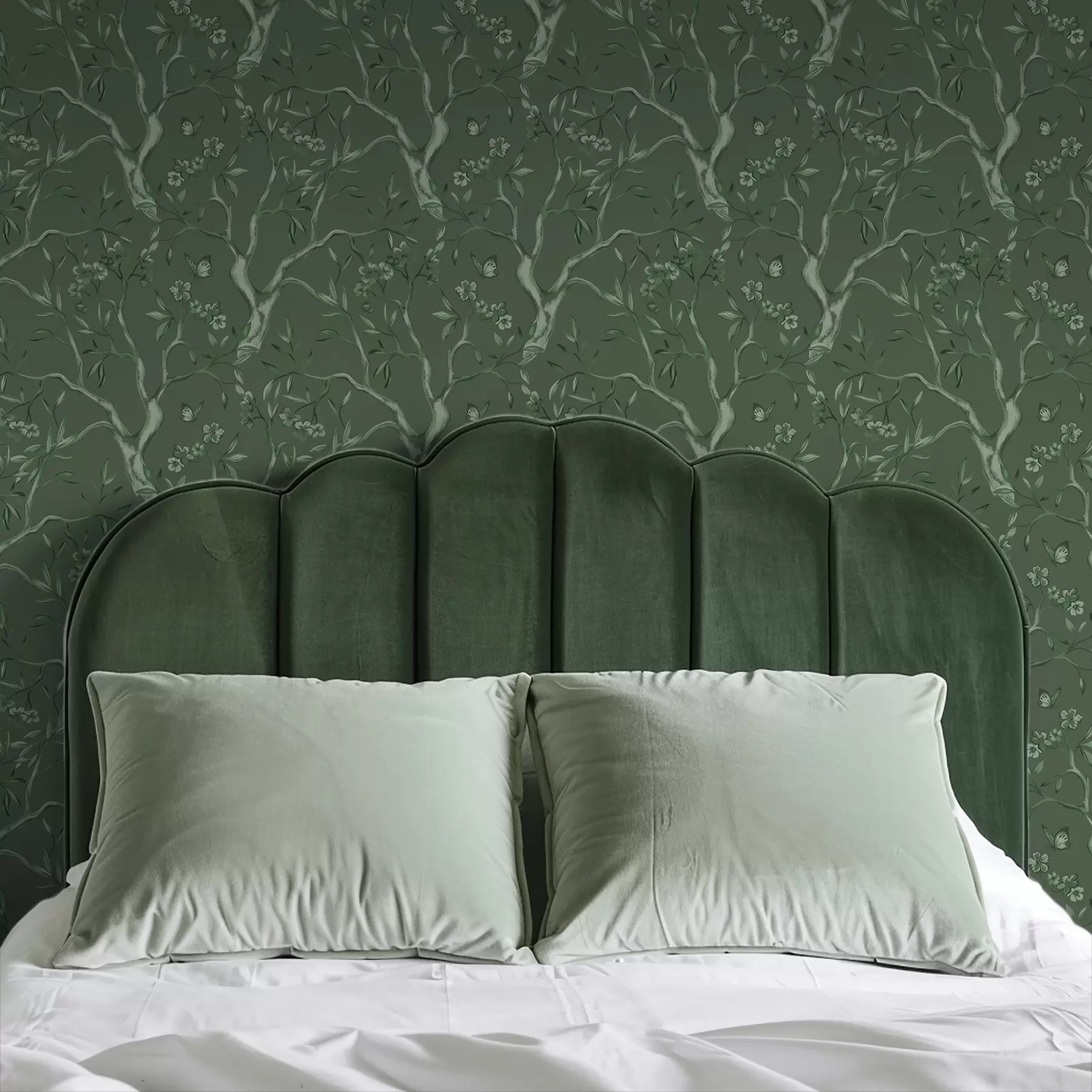 Fototapete Grüne blühende Zweige mit Schmetterlingen vor einem dunklen Hintergrund a00951v3