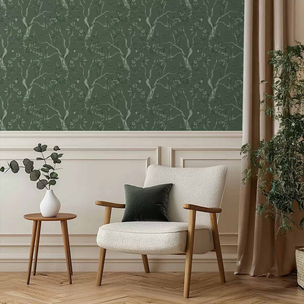 Tapete Grüne blühende Zweige mit Schmetterlingen vor einem dunklen Hintergrund a00951v3