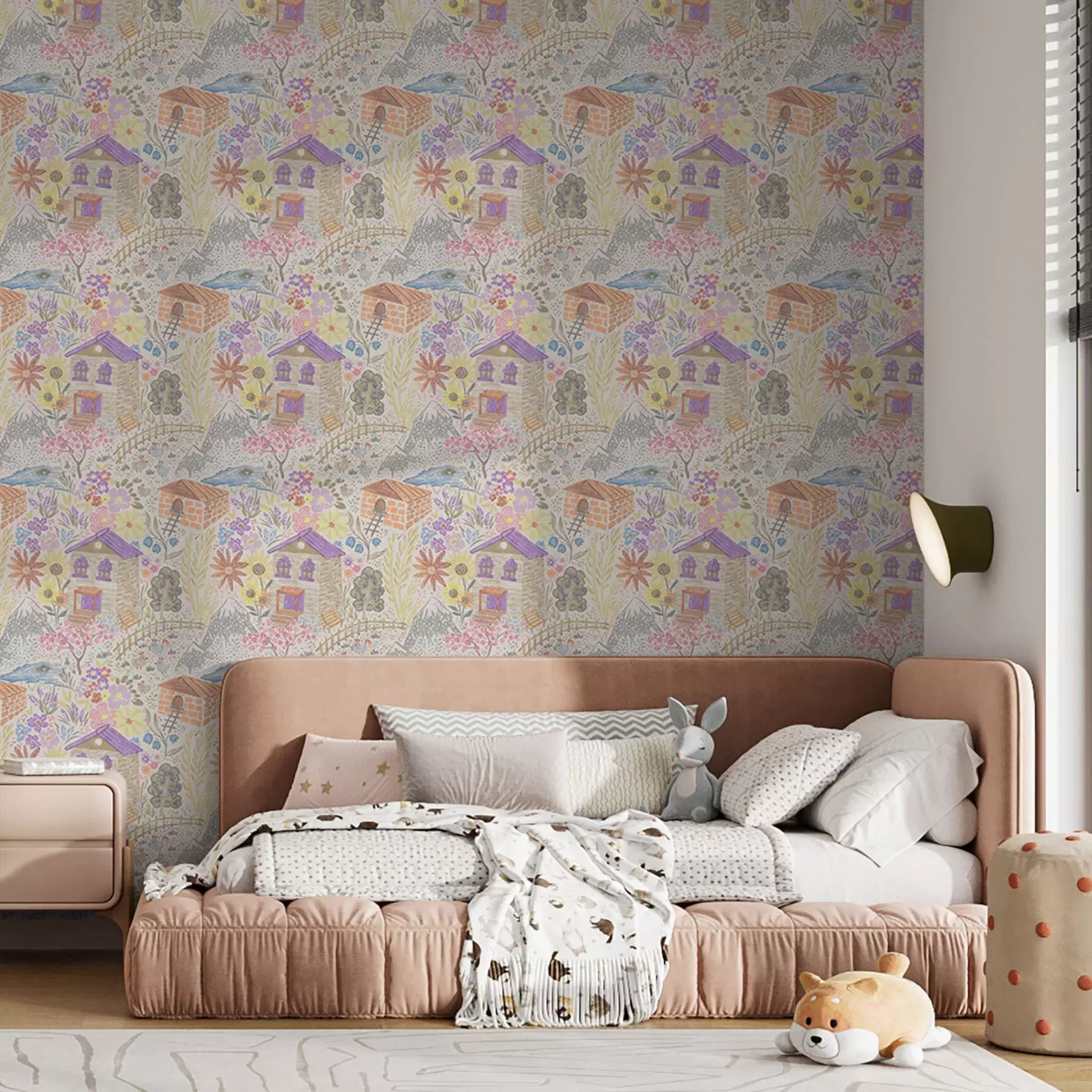 Fototapete Kindliche Dorfzeichnung mit einem Haus, Bergen und Blumen a00952