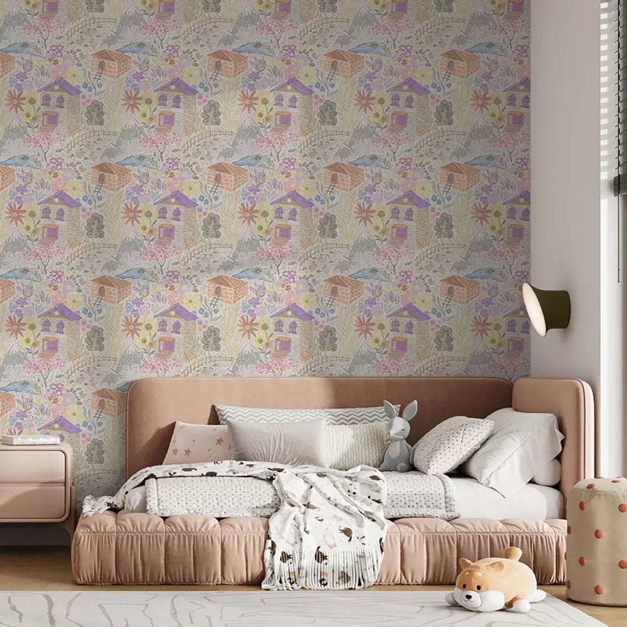 Fototapete Kindliche Dorfzeichnung mit einem Haus, Bergen und Blumen a00952