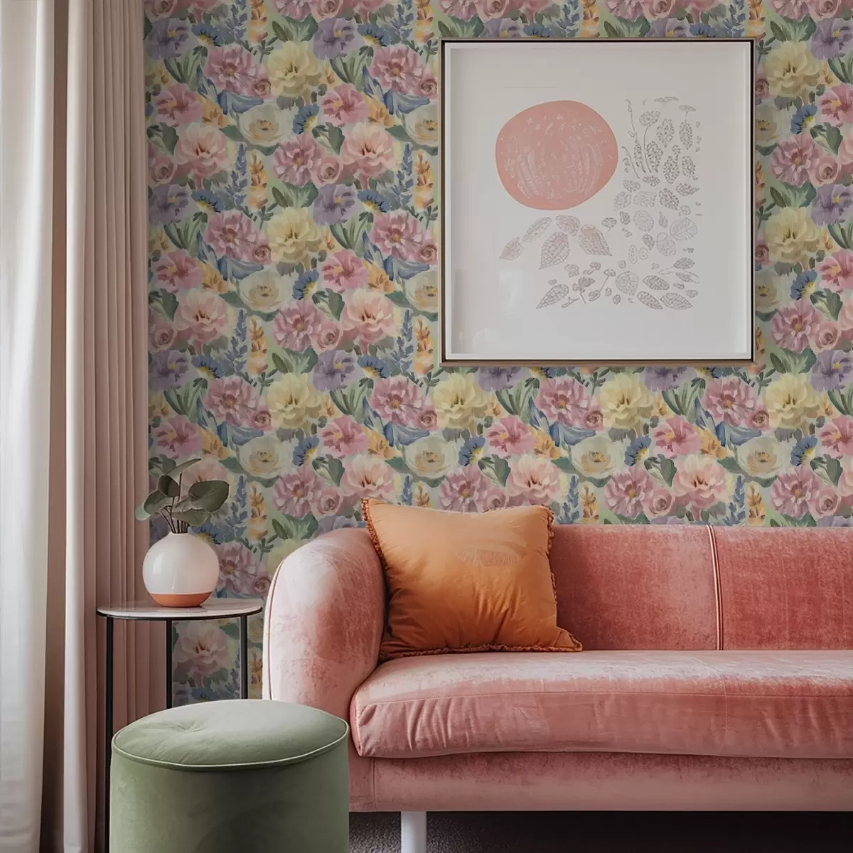 Tapete Pastellfarbene, verschwommene Pinselblumen, sanfte Farbpalette a00954