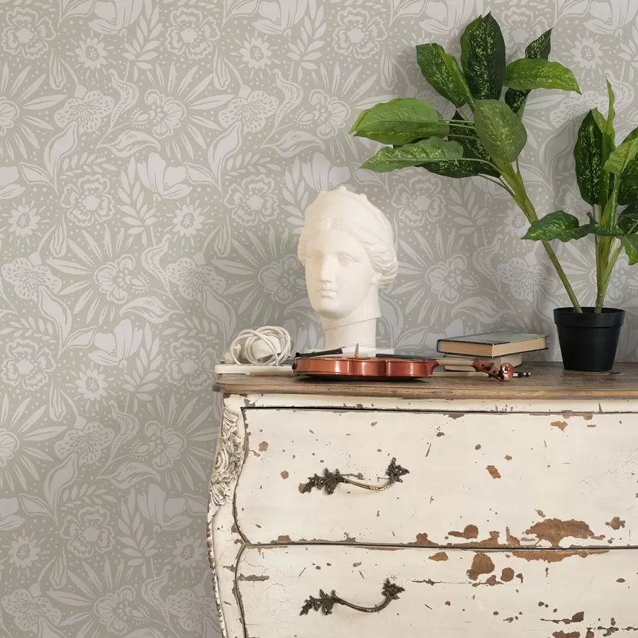 Fototapete Weißes lineares Blumenornament auf beigem Hintergrund a00956