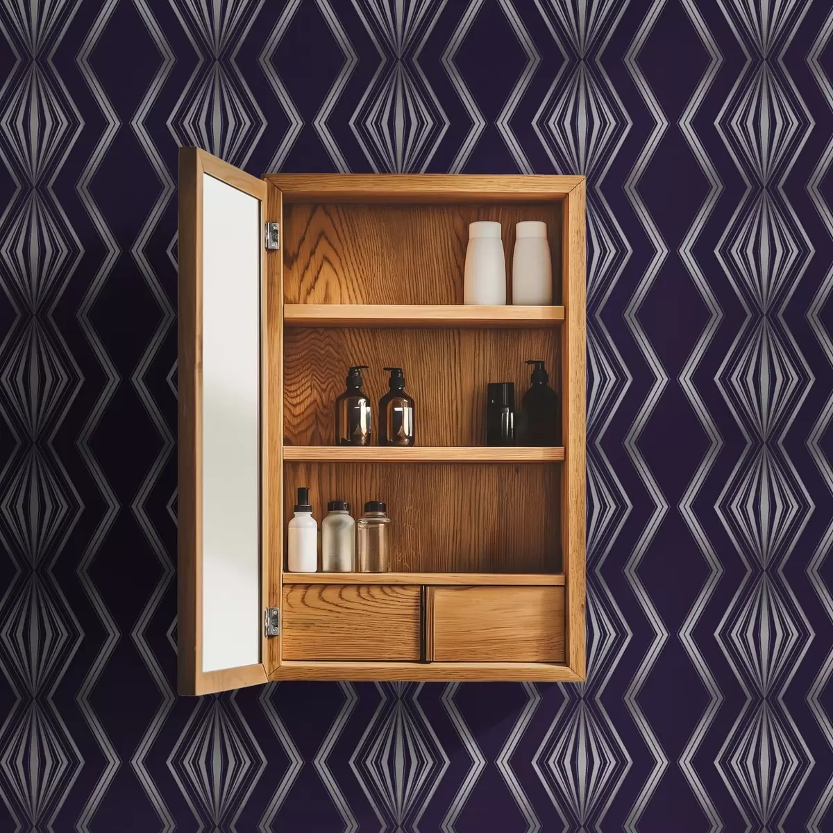 Tapete Sattvioletter Hintergrund mit Diamanten und grauen Zickzacklinien a00974v1