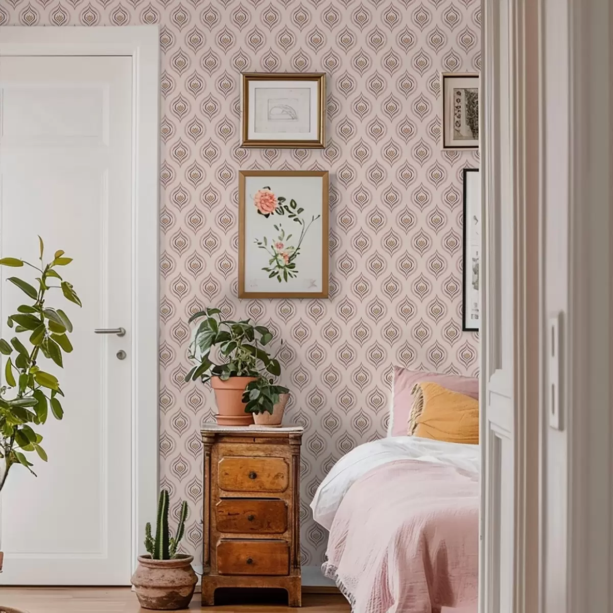 Tapete Rhythmisches Tropfenmotiv mit einer Blume auf pudrigem Hintergrund a00977