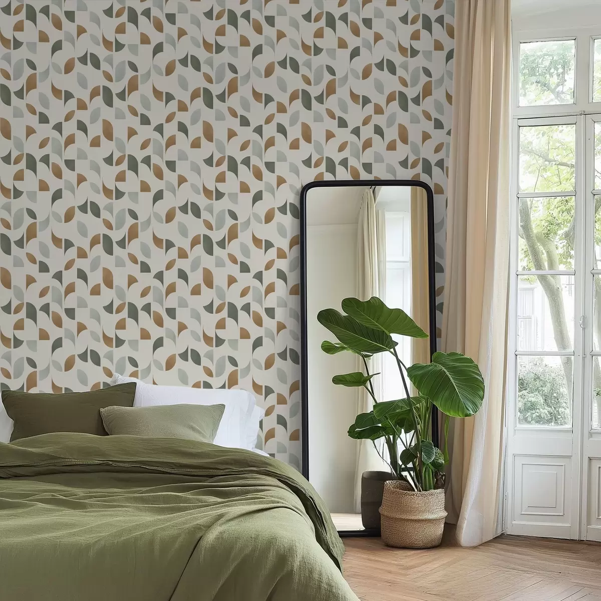 Tapete Abstrakte Halbkreise und Blätter in Grün und Terrakotta a00985