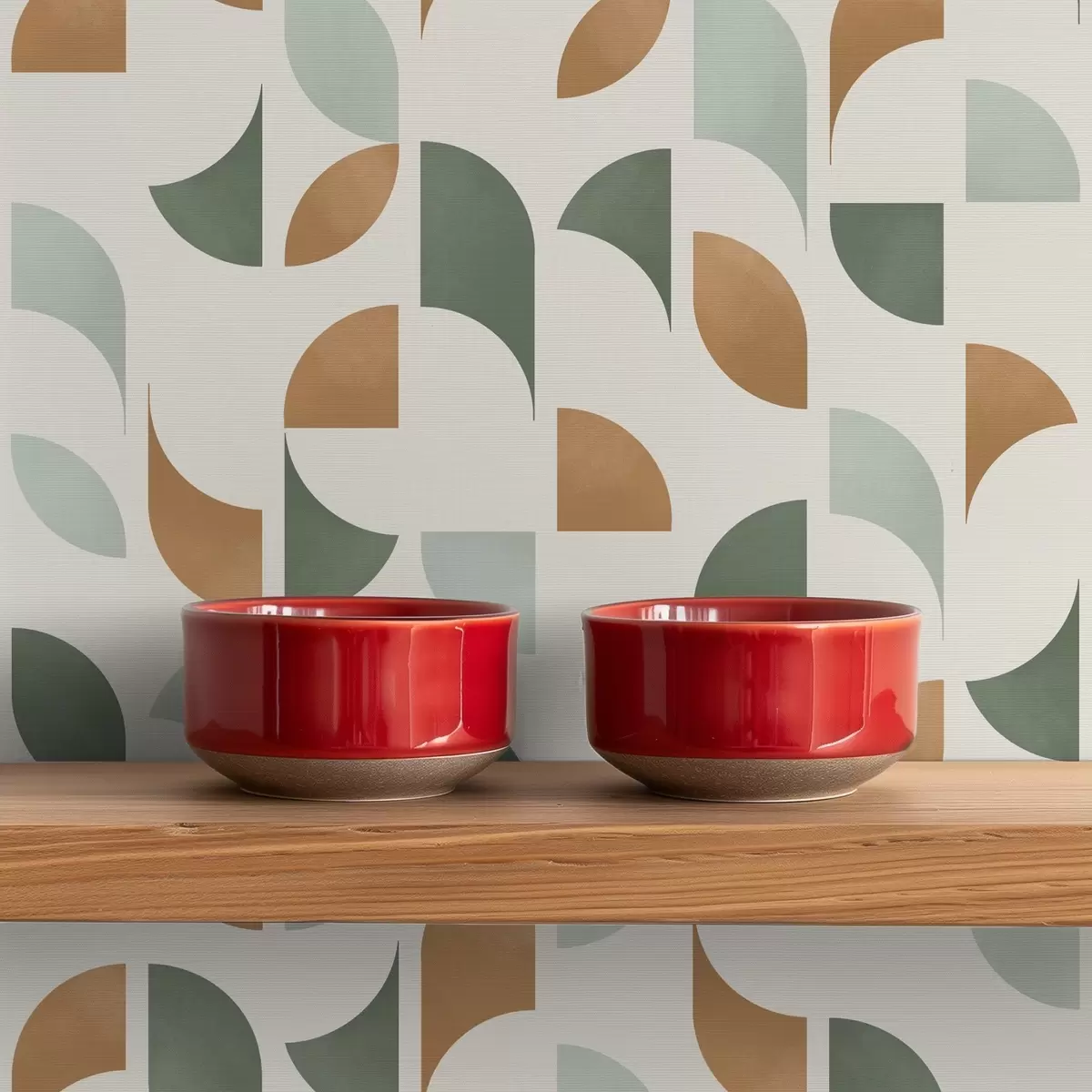 Tapete Abstrakte Halbkreise und Blätter in Grün und Terrakotta a00985