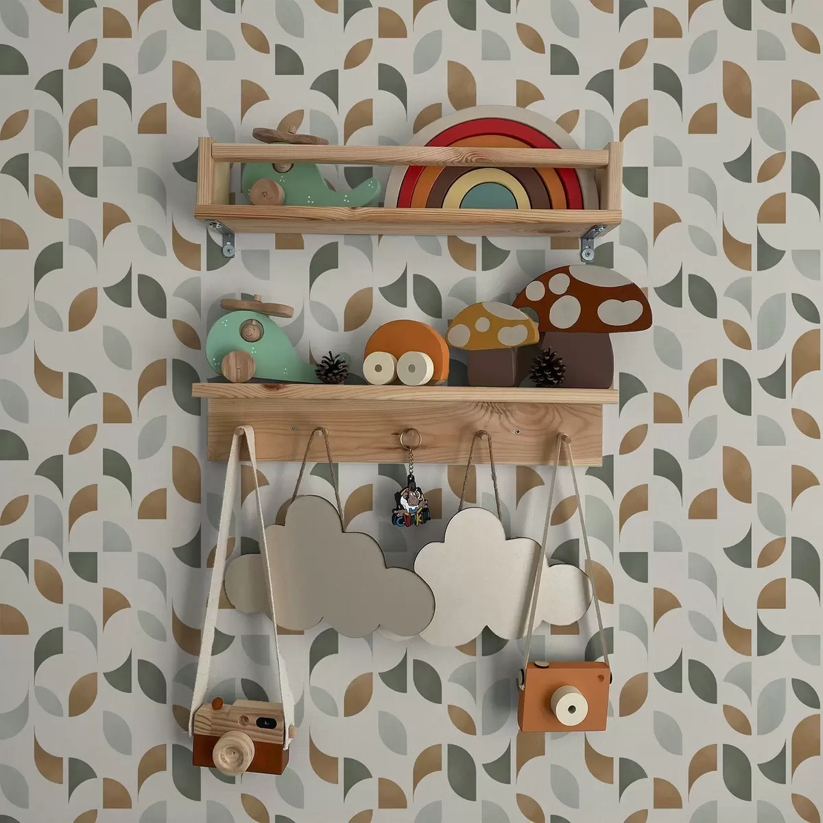 Tapete Abstrakte Halbkreise und Blätter in Grün und Terrakotta a00985