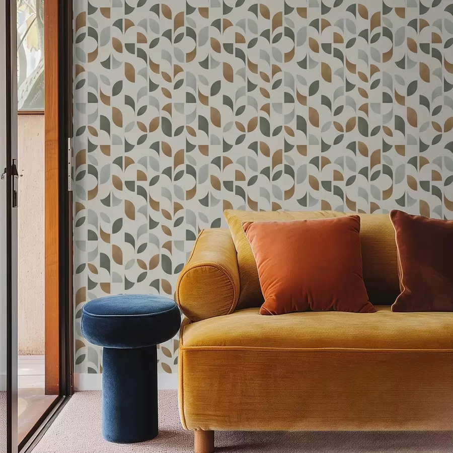 Fototapete Vertikale Säulen aus Halbkreisen und Blättern, grün-terrakottafarben a00986