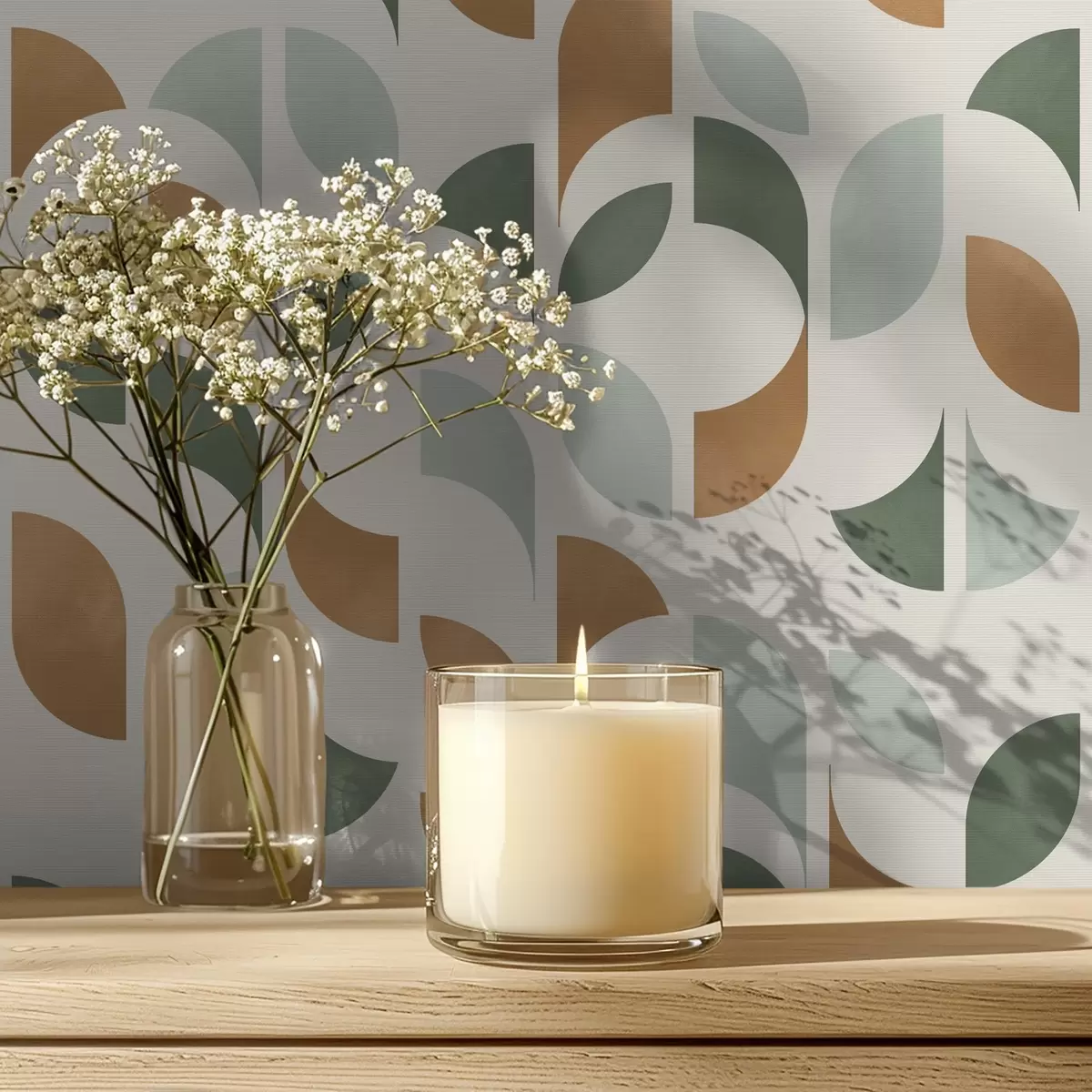 Tapete Vertikale Säulen aus Halbkreisen und Blättern, grün-terrakottafarben a00986