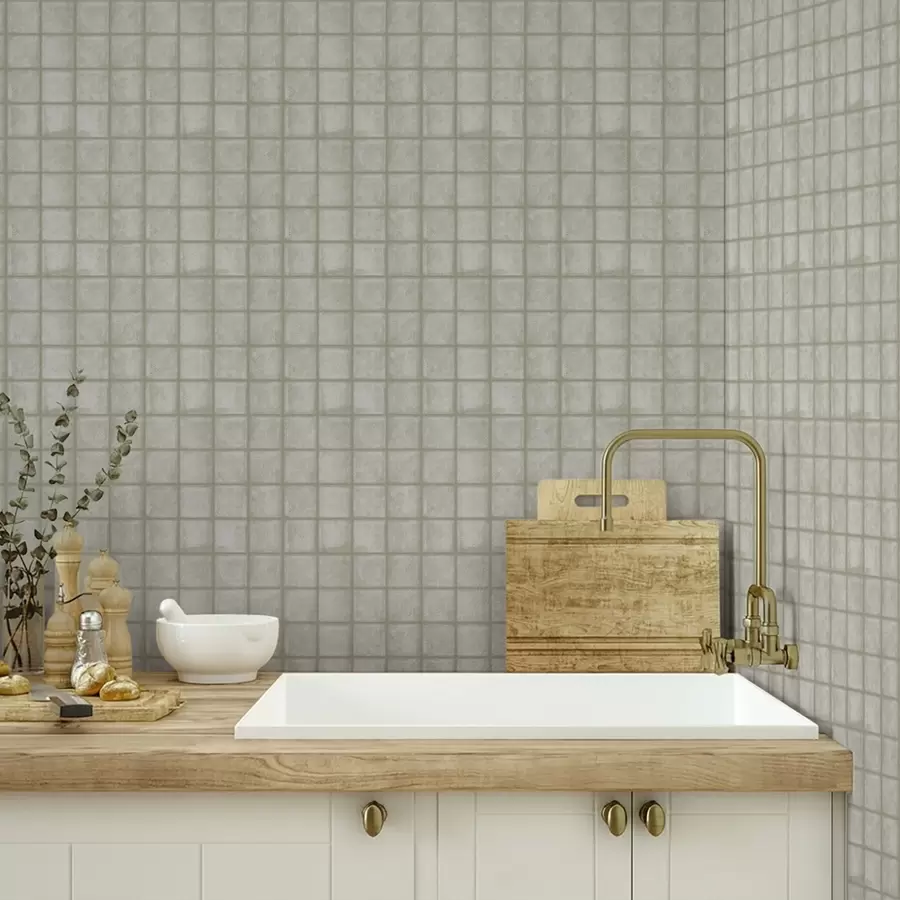 Fototapete Imitation von quadratischen Fliesen in einer sanften grau-grünen Farbpalette a00988