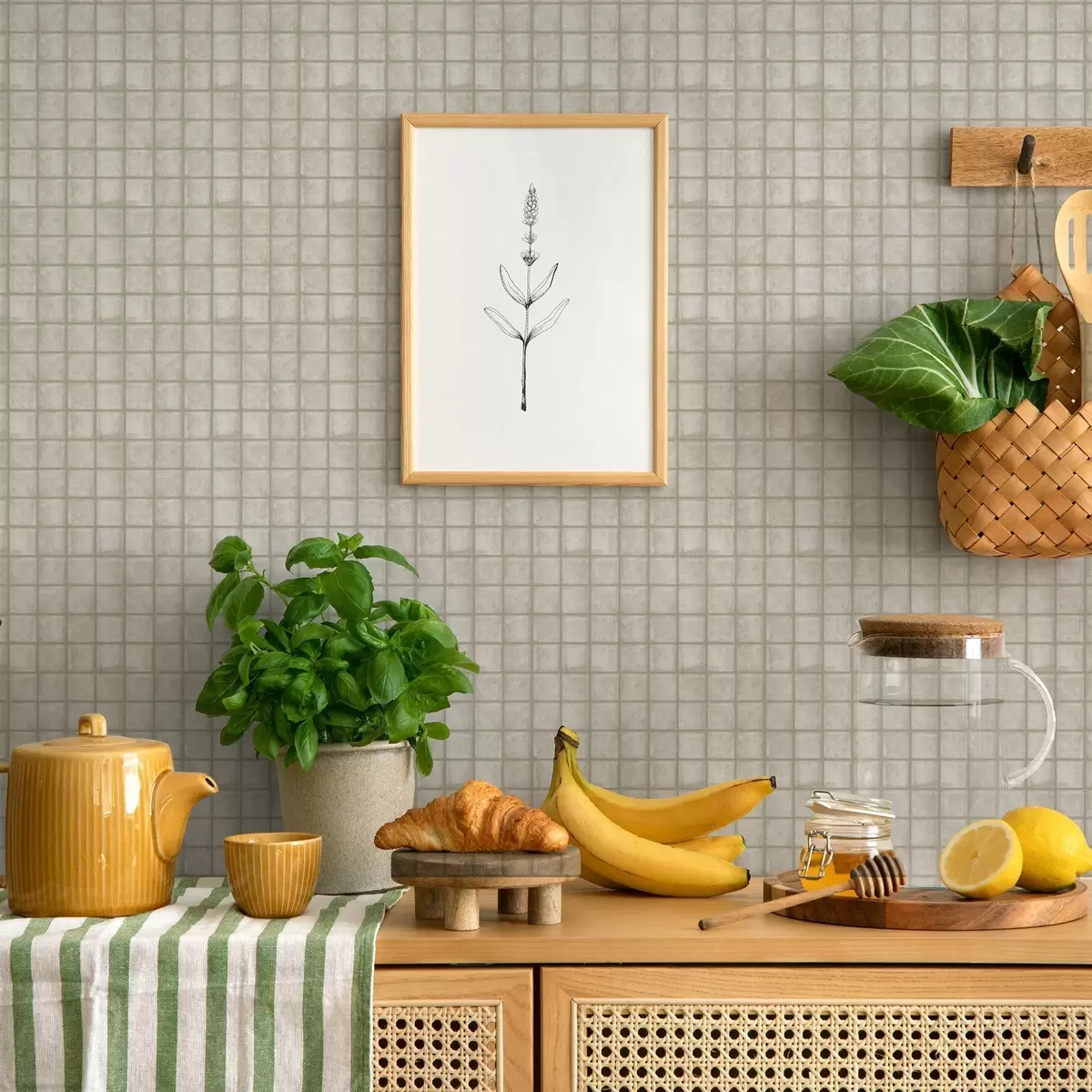 Tapete Imitation von quadratischen Fliesen in einer sanften grau-grünen Farbpalette a00988