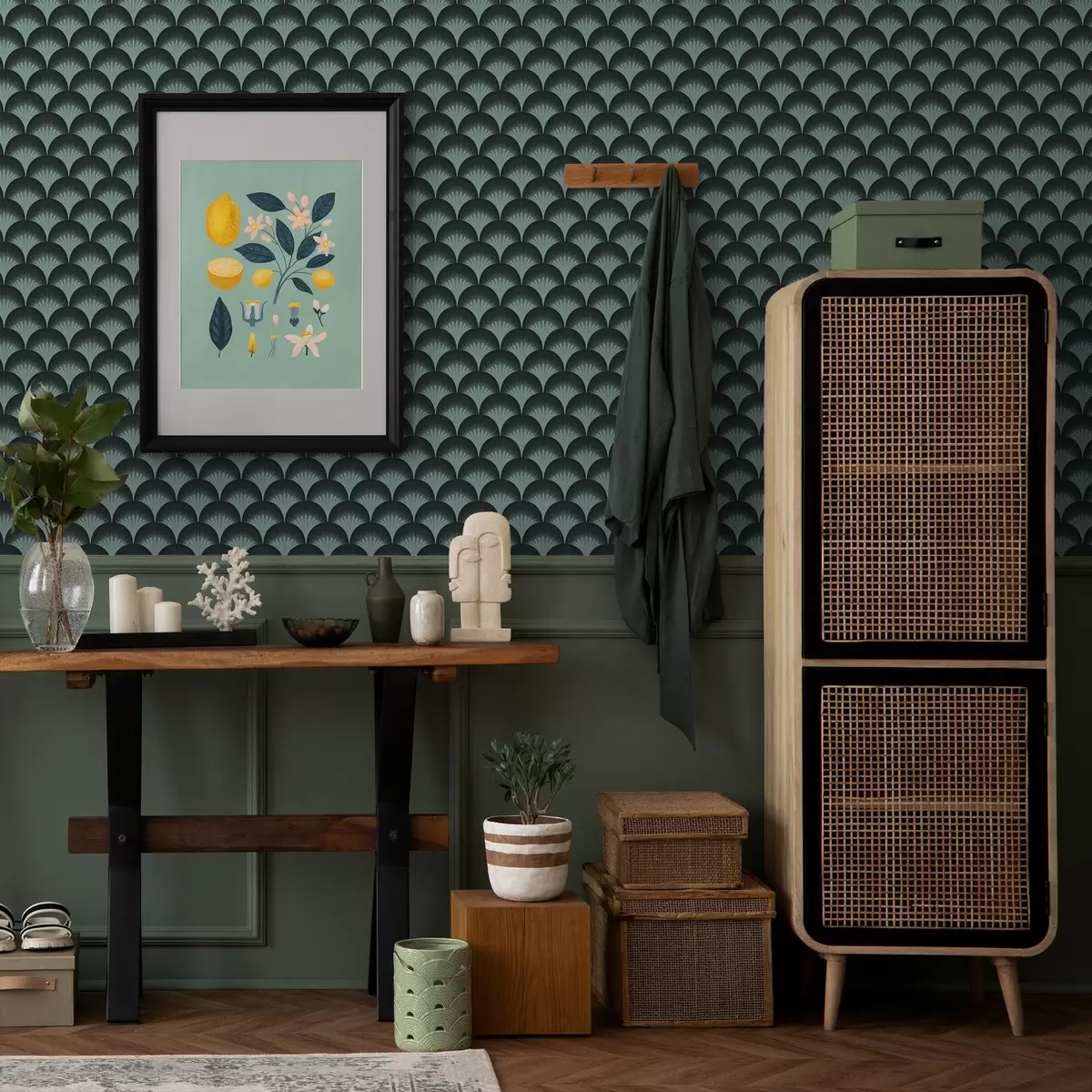 Tapete Kontrastierende Minzfächer auf fast schwarzem Hintergrund a00990