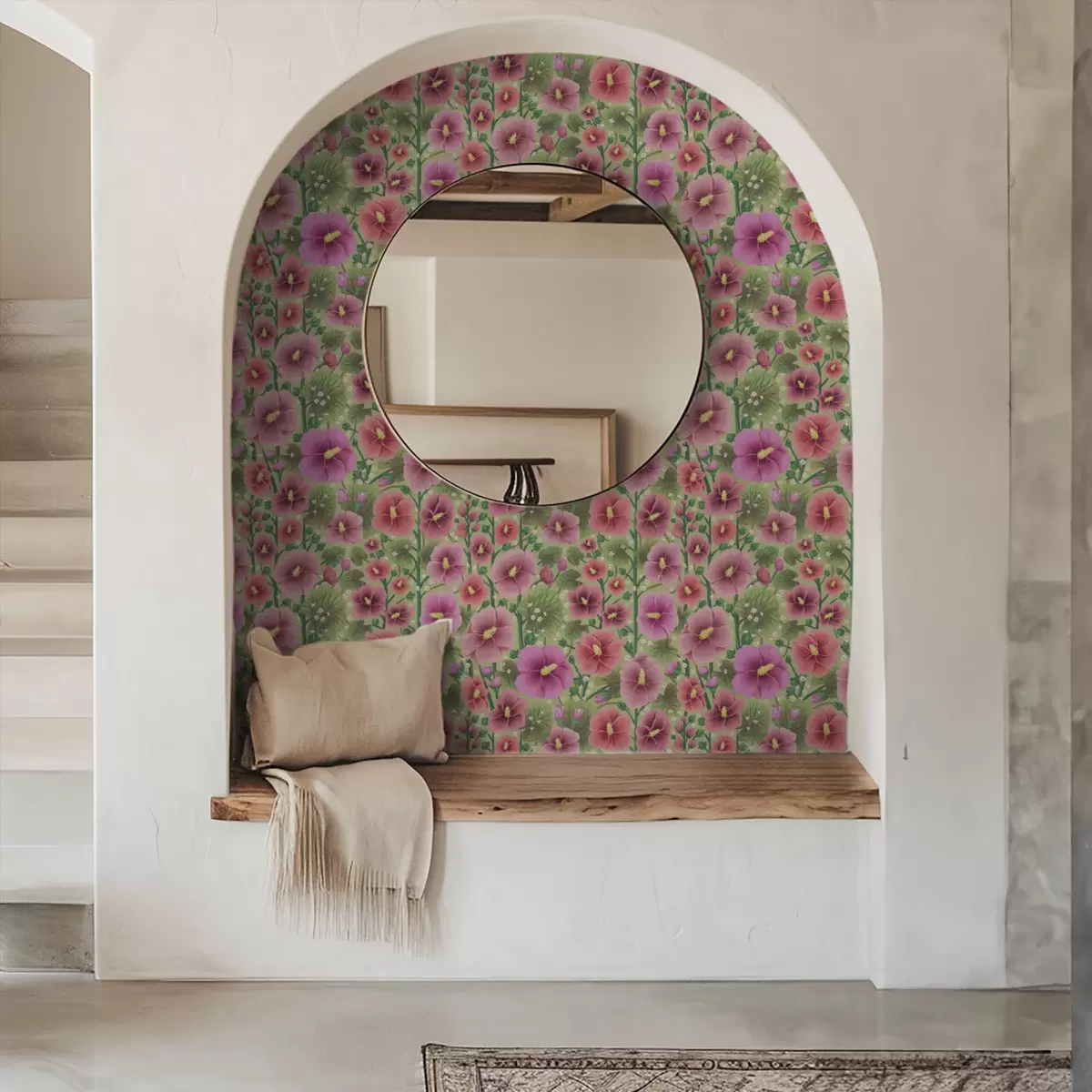 Tapete Große Hibiskusblüten und Blätter auf dunkelgrünem Hintergrund a00993