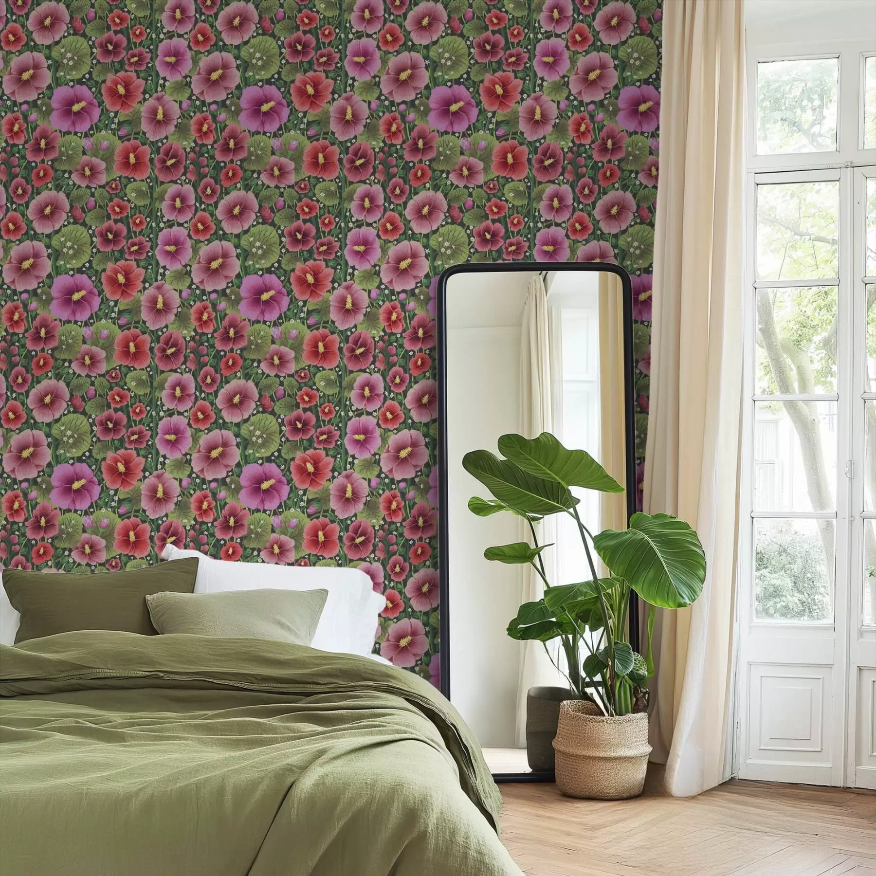 Fototapete Leuchtende Hibiskusblüten und Grünpflanzen auf dunklem Hintergrund a00993v2