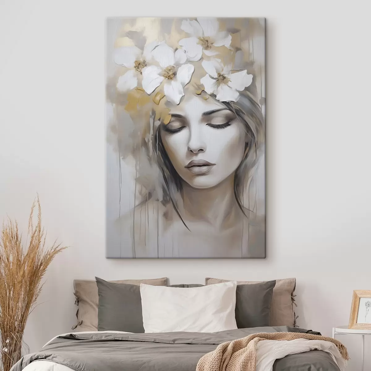 Wandbilder Abstraktes Porträt eines Mädchens mit Blumen, Nachahmung eines Gemäldes s46756