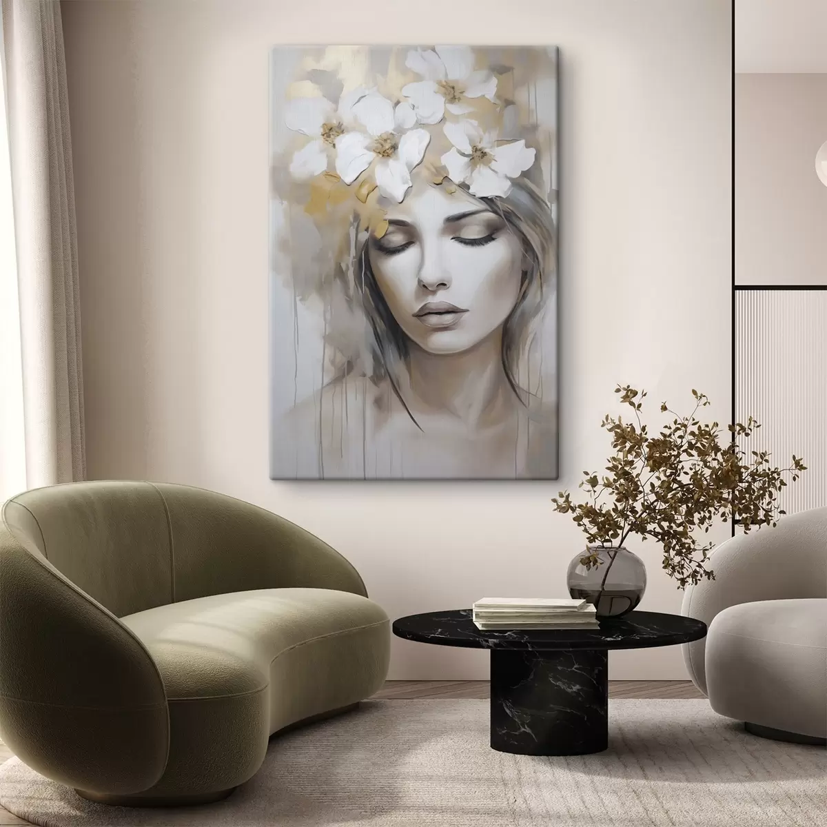Wandbilder Abstraktes Porträt eines Mädchens mit Blumen, Nachahmung eines Gemäldes s46756