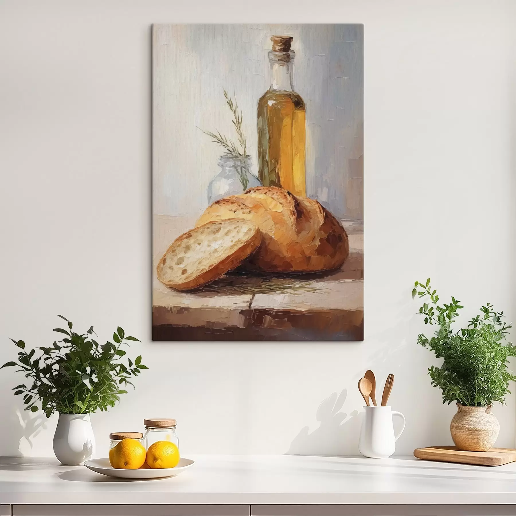 Wandbilder Brot und eine Flasche Öl, Gemäldeimitation s46759