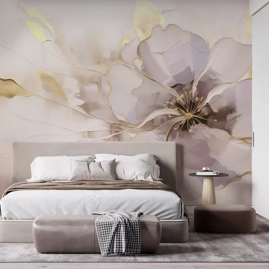 Fototapete Blaue Blume mit gelben Akzenten in einem abstrakten Pinselstrichstil w09505