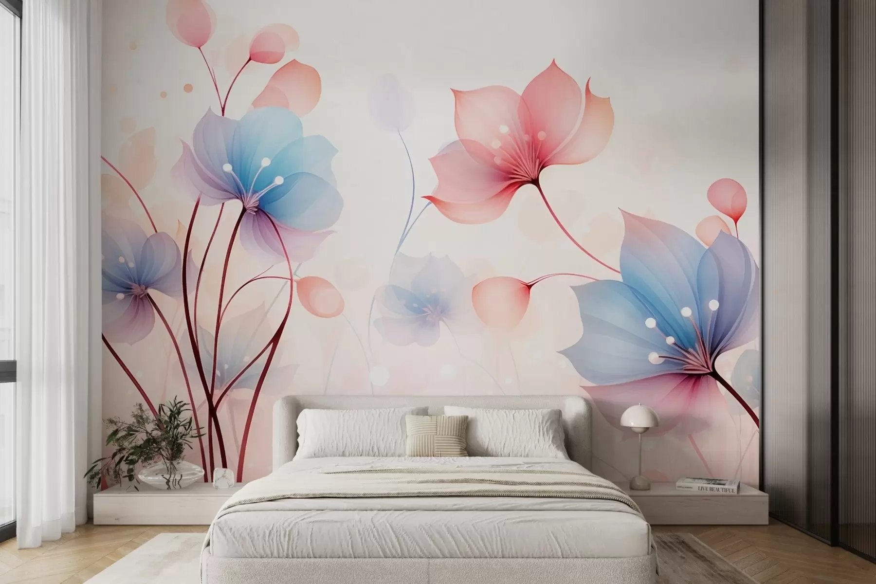 Fototapete Zarte rosa-blaue Blumen – luftige Flora auf weißem Aquarellhintergrund w09507