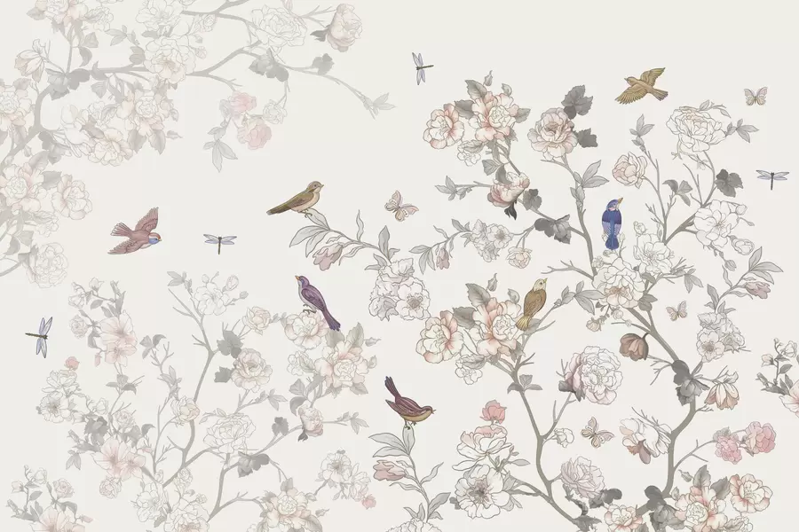 Fototapete Vögel in der Nähe von Zweigen mit Blüten w04939