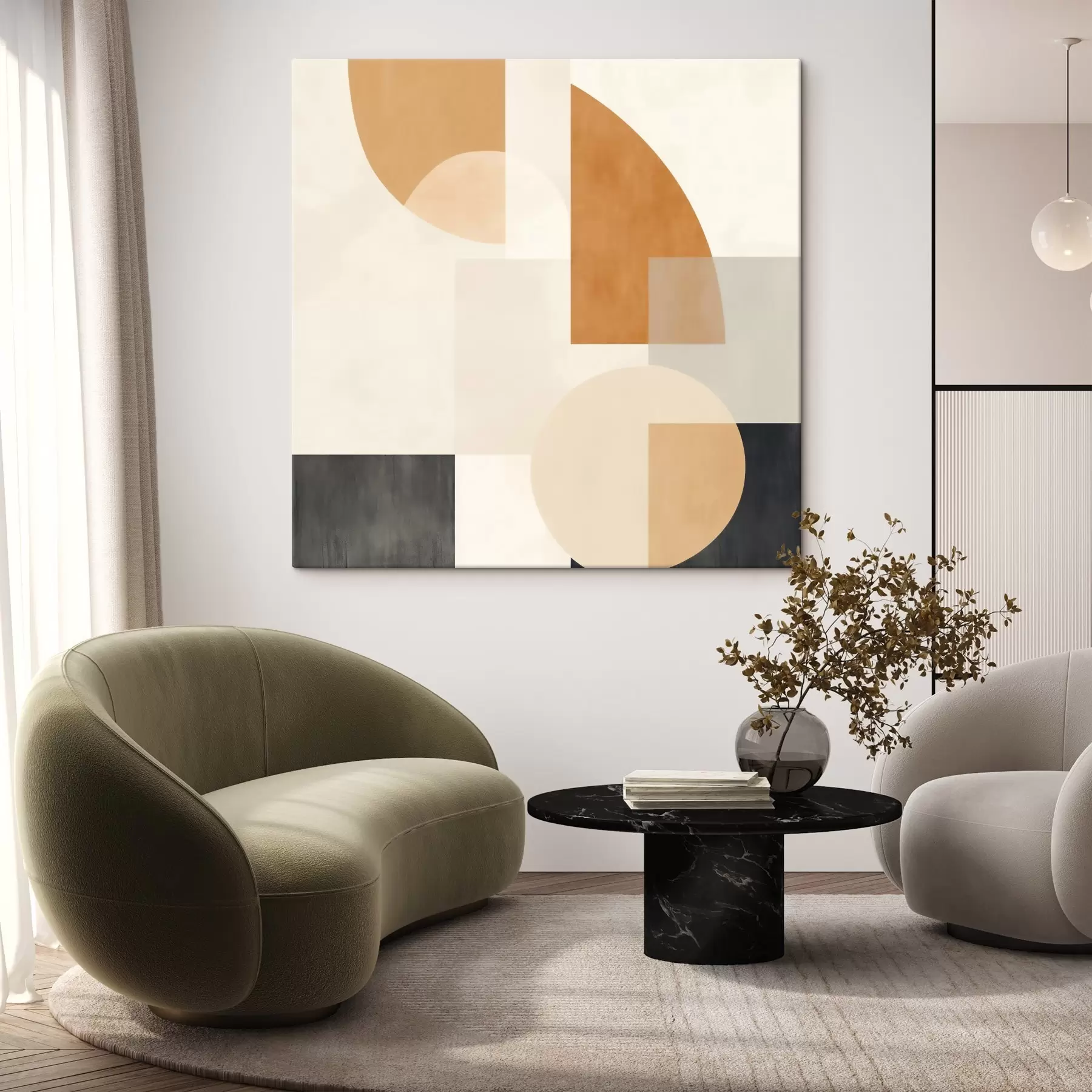 Wandbilder Künstlerische Geometrie, die abgerundete und lineare Formen kombiniert s46665