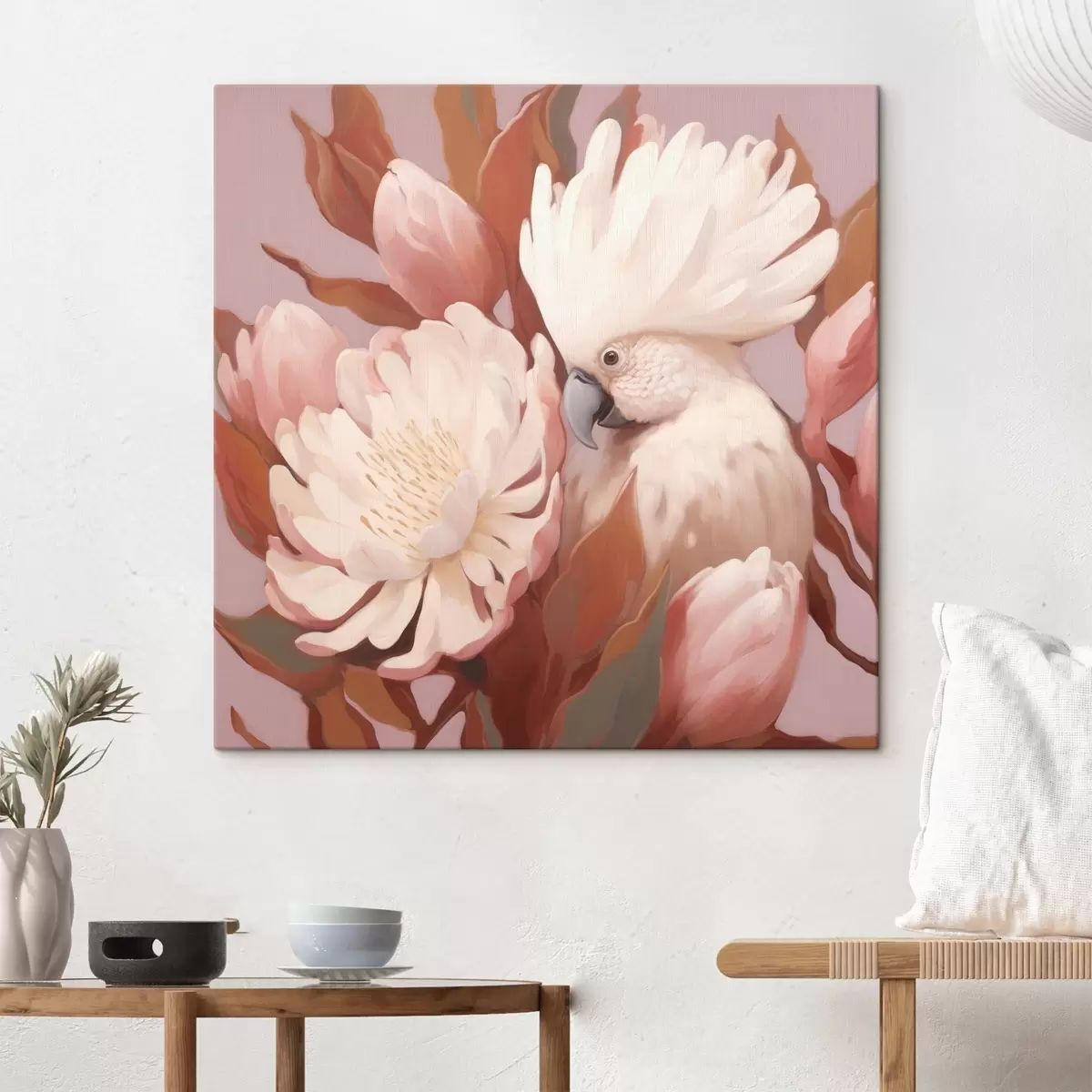 Wandbilder Abstrakte künstlerische Darstellung eines Vogels in einer Blumenkomposition s46667